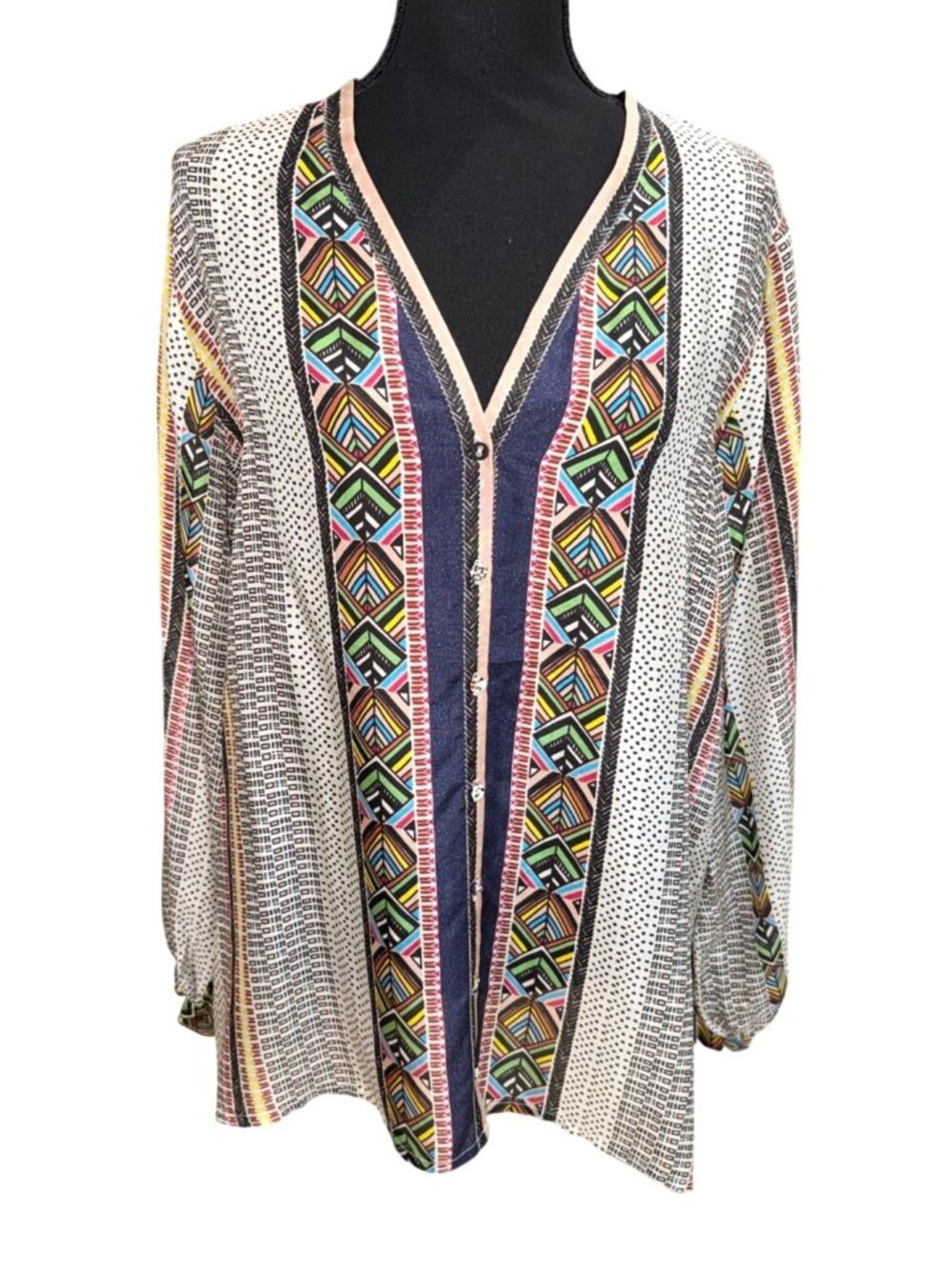 Johnny Was Multicolor Boho Artsy 100% Silk Blouse Tie Cuffs Women L Luxury Top